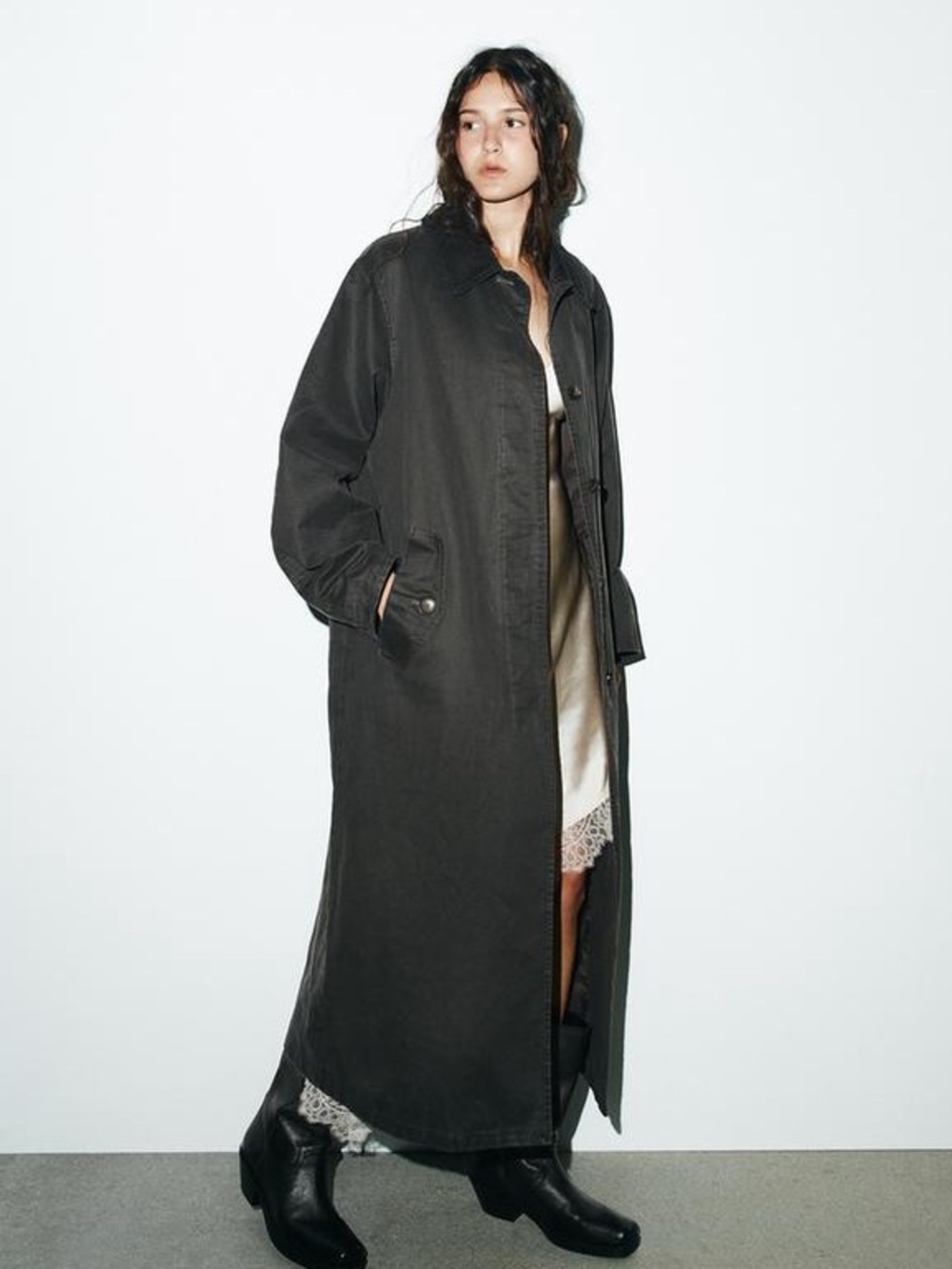 NWOT. Zara Anthracite Grey Waxed-Effect Long Trench Coat. Size M-L. - Picture 3 of 16
